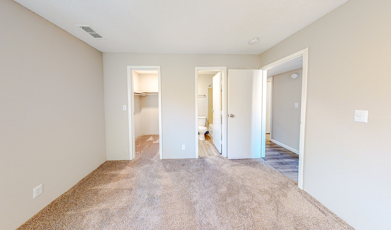 carpeted bedroom with en-suite bathroom and a walk-in closet